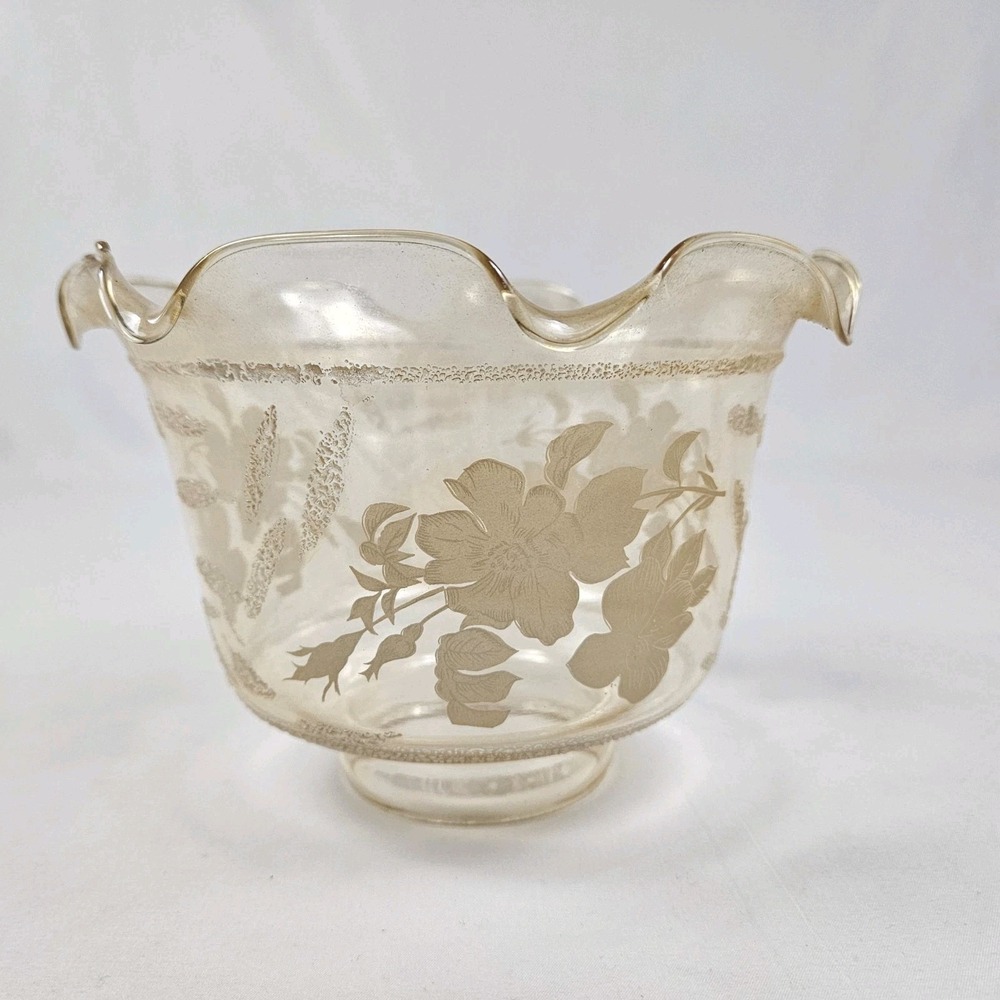 GWTW Hurricane Lamp Shade Honey Glass Etched Flowers Granny Ruffled Top Vintage